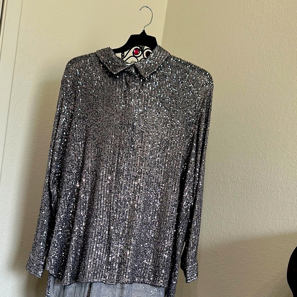 Calvin Klein Silver Sequin Relaxed Blouse